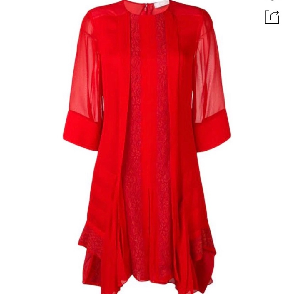 Chloe red embroidered lace flounces dress